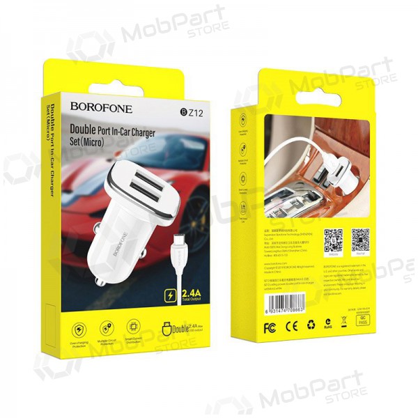 Carregador automobilinis Borofone BZ12 USB + Lightning (2.4A) (branco)
