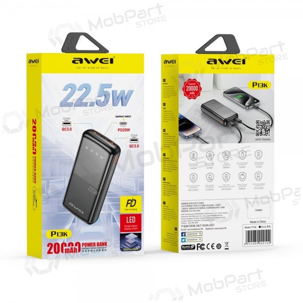 Bateria externa Power Bank Awei P13K PD20W/QC22.5W 20000mAh preto