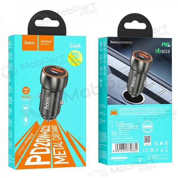 Carregador automobilinis Hoco Z46A USB-A/Type-C PD20W+QC3.0 cinza