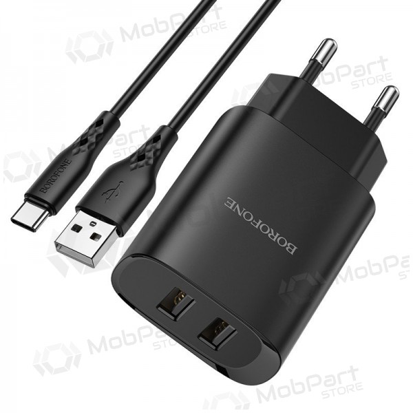 Carregador Borofone BN2 2xUSB 2.1A + USB Type-C (preto)