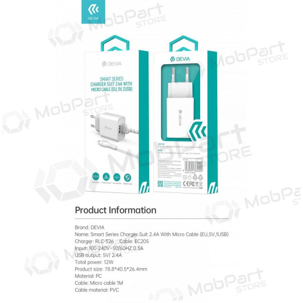 Carregador Devia Smart x 2 USB (2.4A) + MicroUSB, (branco)