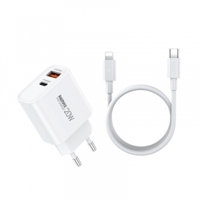 Carregador de telemóvel Remax RP-U120 20 W USB-C + USB-A com cabo Lightning de 1 m branco