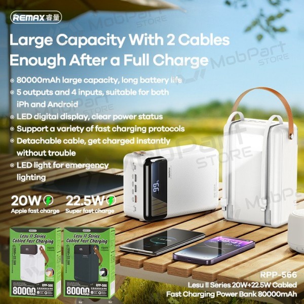 Bateria externa Power Bank Remax RPP-566 22.5W 80000mAh cinza