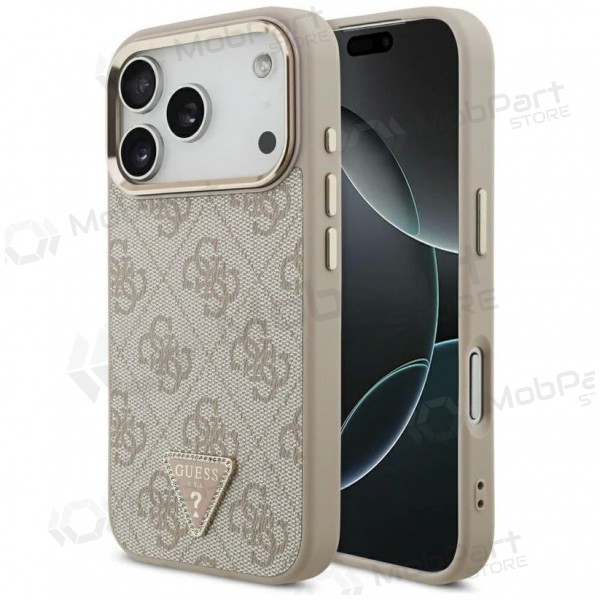Capa para Apple iPhone 17 Pro Max - Guess PU Leather 4G Strass Triangle Logo Gold Frame MagSafe (rosa)