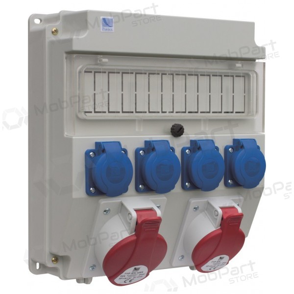 PawBol B.18.320-3-S plastikinė plokštė 13 mod +kištukiniai lizdai (4x16A/250V 1x32A/5P 1x16A/5P)