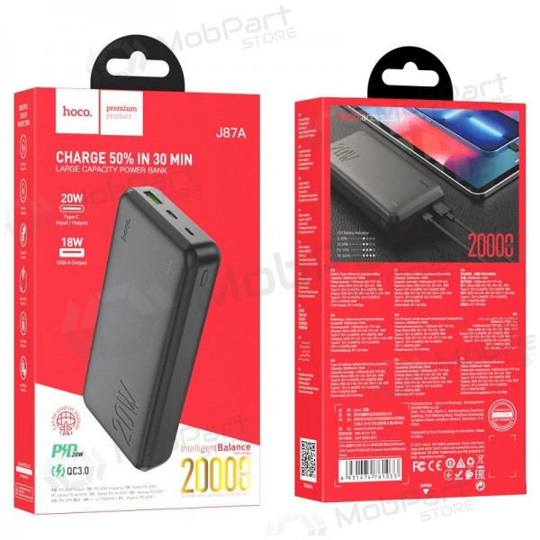Bateria externa Power Bank Hoco J87A Type-C PD 20W+Quick Charge 3.0 20000mAh preto