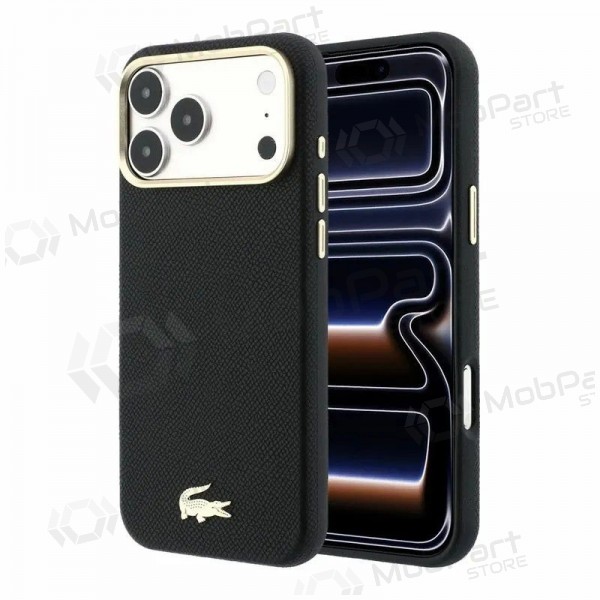 Capa para Apple iPhone 18 Pro Max - Lacoste PU Leather Champs Elysees Gold Logo MagSafe (preta)