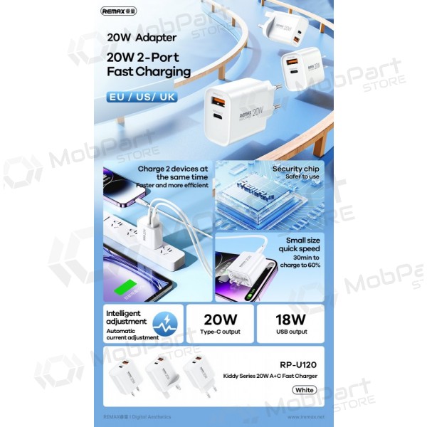Carregador de telefone Remax RP-U120 20 W USB-C + USB-A branco