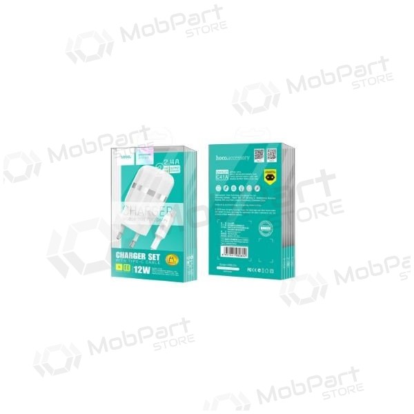 Carregador FastCharge HOCO C41A Wisdom Dual USB + microUSB cabo (5V 2.4A) (branco)