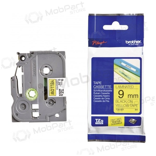 Brother TZe-621 (TZE621) Cartucho de fita de etiquetagem laminada P-touch, preto sobre amarelo 9mm, 8m