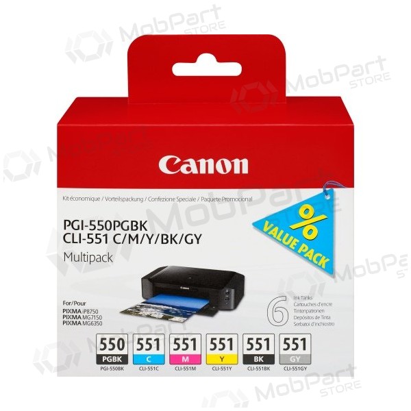 Canon PGI-550/CLI-551 (6496B005) Conjunto de cartuchos de tinta, PGBK/C/M/Y/BK/GY
